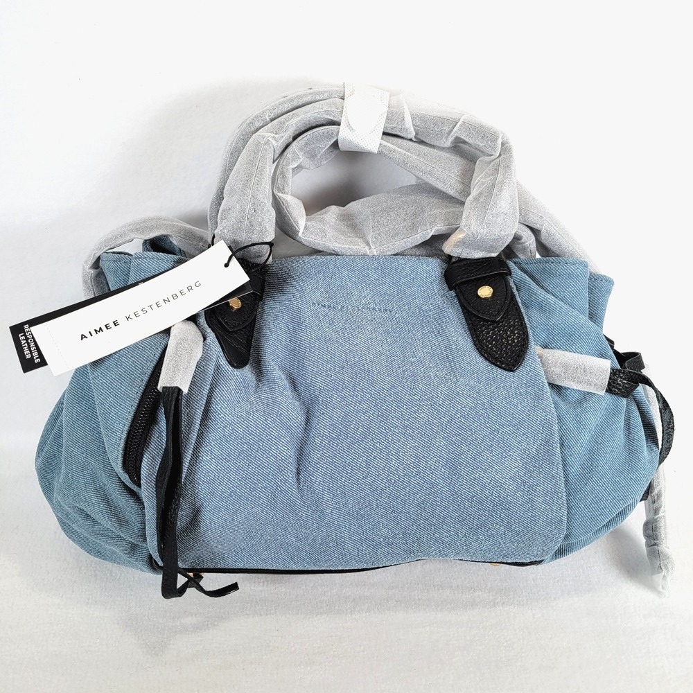 Aimee Kestenberg Womens Leather Bliss Top Handle Denim Satchel Bag Medium Blue